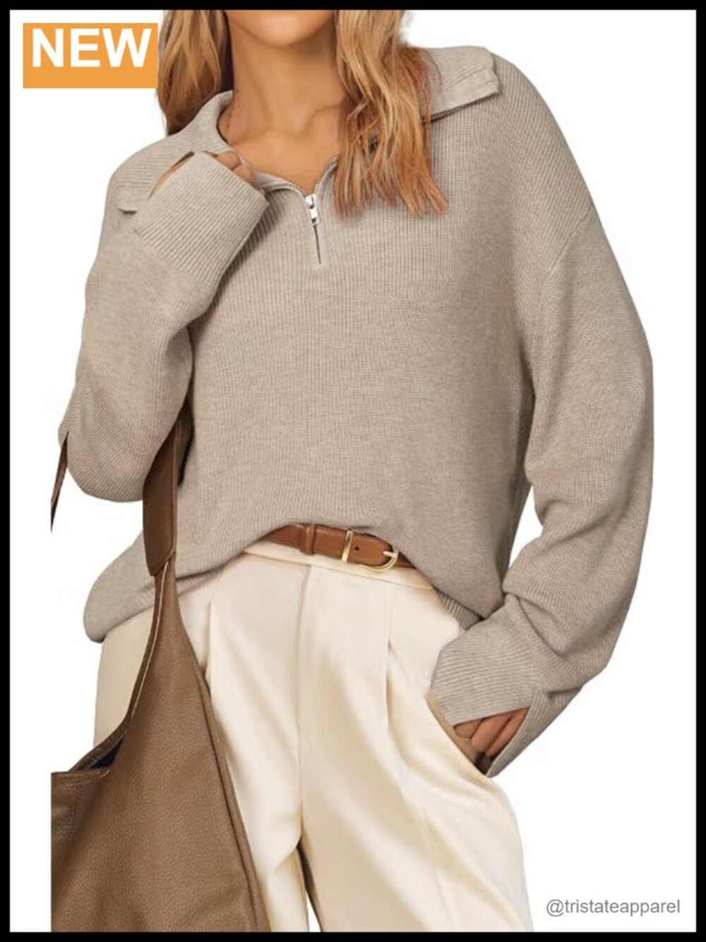 Wool Blend Oversized Quarter Zip Sweater Lapel Collar Pullover